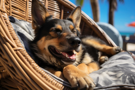 Laid-Back German Shepherd  Unwinding on Vacation  on the beach. Generative AIの素材
