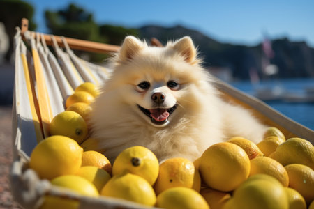 Dog  Laid-Back Pomerania Unwinding on Vacation on the beach. Generative AIの素材
