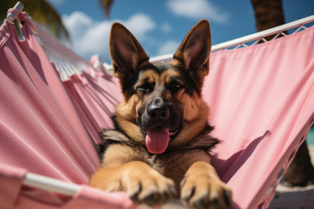 Laid-Back German Shepherd  Unwinding on Vacation  on the beach. Generative AIの素材