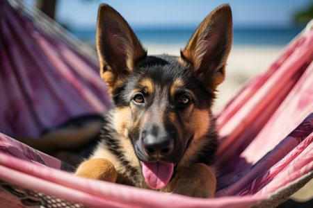Laid-Back German Shepherd  Unwinding on Vacation  on the beach. Generative AIの素材