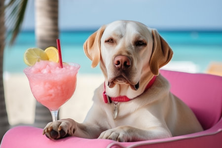 Laid-Back Labrador: Unwinding on Vacation on the beach. Generative AIの素材