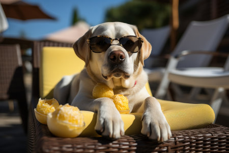 Laid-Back Labrador: Unwinding on Vacation on the beach. Generative AIの素材