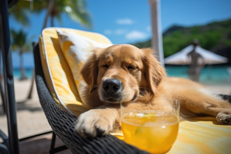 Dog Laid-Back Golden Retriever  Unwinding on Vacation  on the beach. Generative AIの素材