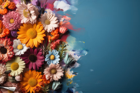 Aerial Beauty: Blooms and Brush on Colorful Flat Layout  Background. Generative AIの素材
