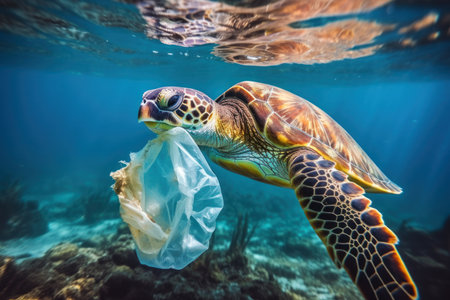 Ocean's Plight: Plastic Harming Marine Life and Amplifying  Environmental Impact. Generative AIの素材