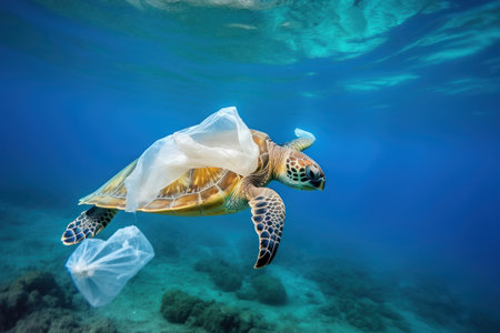 Ocean's Plight: Plastic Harming Marine Life and Amplifying  Environmental Impact. Generative AIの素材