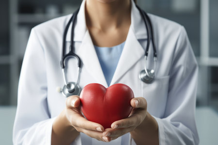 Doctor in lab coat holding  heart with both hands. Generative Aiの素材