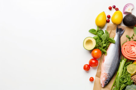Seasonings, vegetables, fruits  and foods on light background. view from above. Generative AIの素材