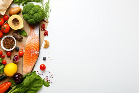 Seasonings, vegetables, fruits  and foods on light background. view from above. Generative AIの素材