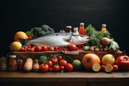Seasonings, vegetables, fruits and foods on dark background..  Generative AIの素材