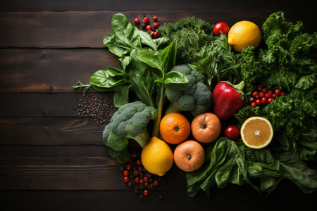 Seasonings, vegetables, fruits and foods on dark background.  view from above. Generative AIの素材