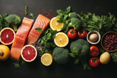 Seasonings, vegetables, fruits and foods on dark background.  view from above. Generative AIの素材