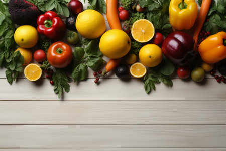 Seasonings, vegetables, fruits  and foods on light background. view from above. Generative AIの素材