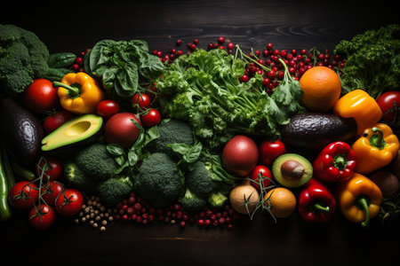 Seasonings, vegetables, fruits and foods on dark background.  view from above. Generative AIの素材