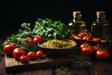 Seasonings, vegetables, fruits and foods on dark background..  Generative AIの素材