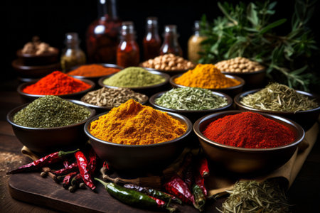 Various spices arranged on  a table. Generative AIの素材