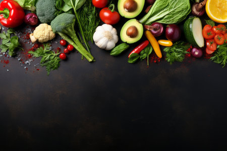 Seasonings, vegetables, fruits and foods on dark background.  view from above. Generative AIの素材