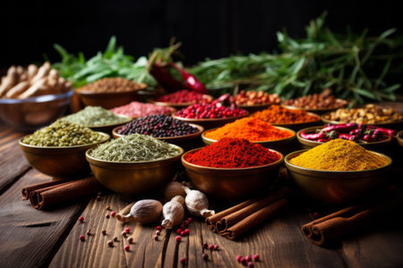 Various spices arranged on  a table. Generative AIの素材