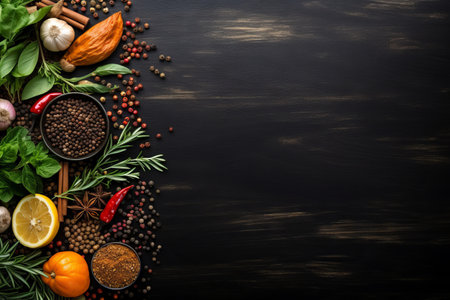 Seasonings, vegetables, fruits and foods on dark background.  view from above. Generative AIの素材