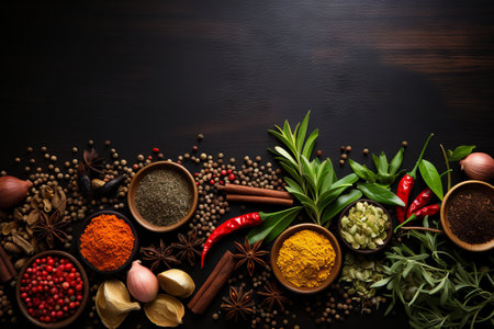 Seasonings, vegetables, fruits and foods on dark background.  view from above. Generative AIの素材