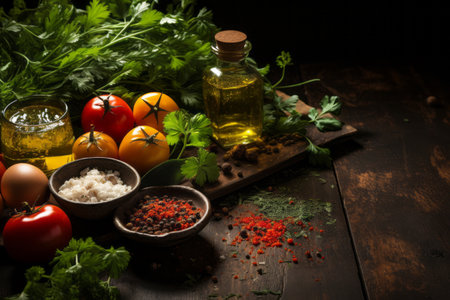 Seasonings, vegetables, fruits and foods on dark background..  Generative AIの素材