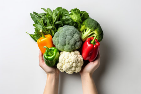 Hand holding vegetables and fruits with flat layout seen from  above. Generative AIの素材