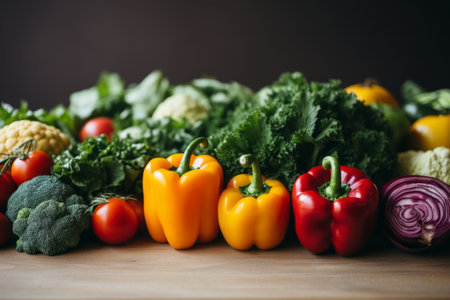 Seasonings, vegetables, fruits and foods on dark background..  Generative AIの素材