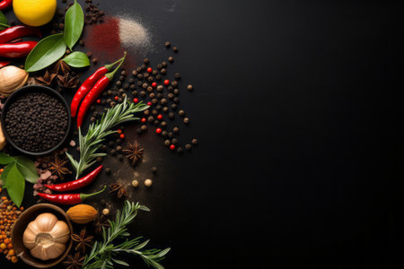 Seasonings, vegetables, fruits and foods on dark background.  view from above. Generative AIの素材