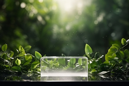 Products display podium  with nature leaves background. Generative AIの素材