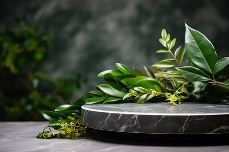 Products display podium  with nature leaves background. Generative AIの素材