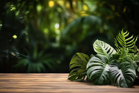 Products display podium  with nature leaves background. Generative AIの素材