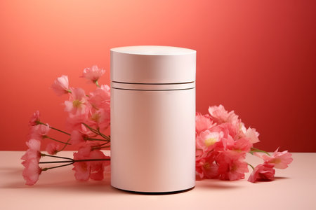 Abstract scene background. Cylinder podium on pink background. Product presentation, mock up,  show cosmetic product, Podium, stage pedestal or platform. Generative AIの素材