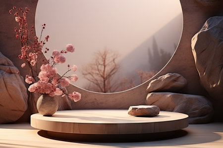 Abstract scene background. Cylinder podium on pink background. Product presentation, mock up,  show cosmetic product, Podium, stage pedestal or platform. Generative AIの素材