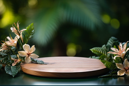 Products display podium  with nature leaves background. Generative AIの素材
