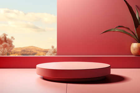 Abstract scene background. Cylinder podium on pink background. Product presentation, mock up,  show cosmetic product, Podium, stage pedestal or platform. Generative AIの素材