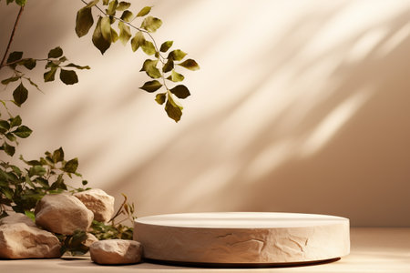 Products display podium  with nature leaves background. Generative AIの素材