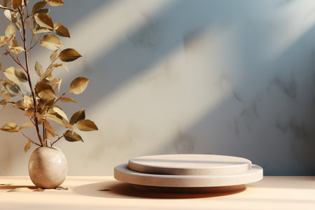 Products display podium  with nature leaves background. Generative AIの素材