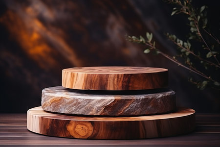 Products display podium  with nature leaves background. Generative AIの素材