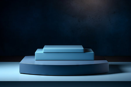 Podium. Neon blue. Abstract background, Futuristic pedestal for product presentation,  Display  modern. 3D illustration. Generative AIの素材
