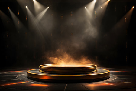 Podium. Neon Yellow and blue. Abstract background, Futuristic pedestal for product presentation, Display  modern. 3D illustration. Generative AIの素材