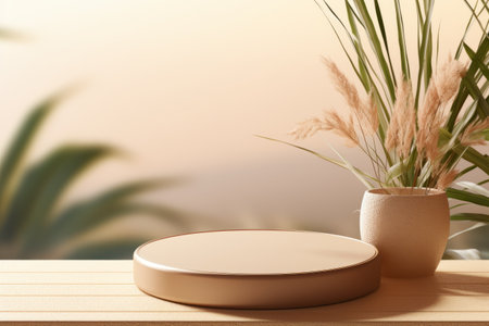 Products display podium  with nature leaves background. Generative AIの素材