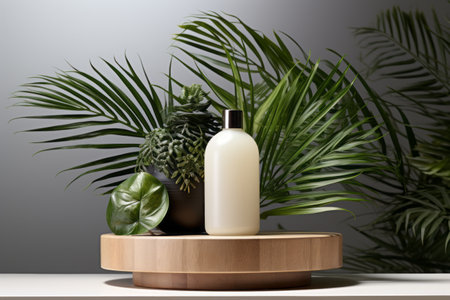 Products display podium  with nature leaves background. Generative AIの素材