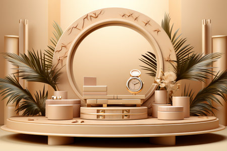 Products display podium  with nature leaves background. Generative AIの素材