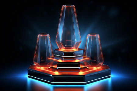 Podium. Neon blue. Abstract background, Futuristic pedestal for product presentation,  Display  modern. 3D illustration. Generative AIの素材