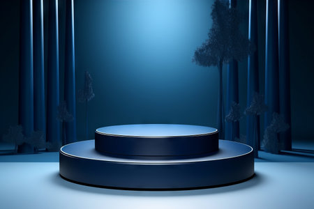 Podium. Neon blue. Abstract background, Futuristic pedestal for product presentation,  Display  modern. 3D illustration. Generative AIの素材