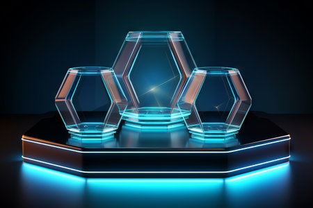Podium. Neon blue. Abstract background, Futuristic pedestal for product presentation,  Display  modern. 3D illustration. Generative AIの素材