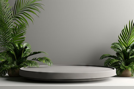 Products display podium  with nature leaves background. Generative AIの素材