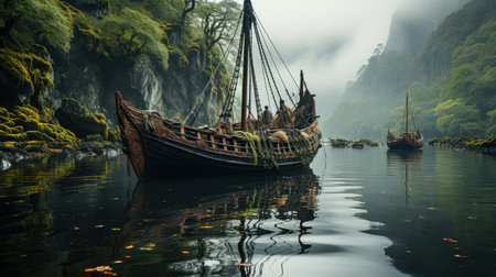 Graceful Boat Gliding on Water.  A Serene  Scene. Generative AIの素材