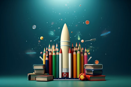 Launchpad Dreams, School Supplies Turned  Rocket. Generative AIの素材
