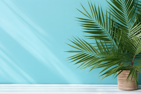 Tranquil Retreat: Coconut Palm  Leaf Casting Shade on a Blue Wall, Evoking Serenity. Generative AIの素材